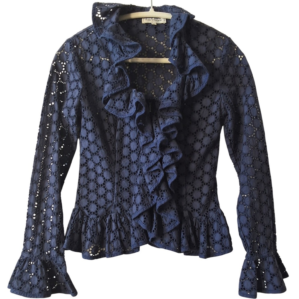 Anne Fontaine 38 Eyelet Lace Ruffle Zip Peplum Blouse Victorian Boho Luxury Rare